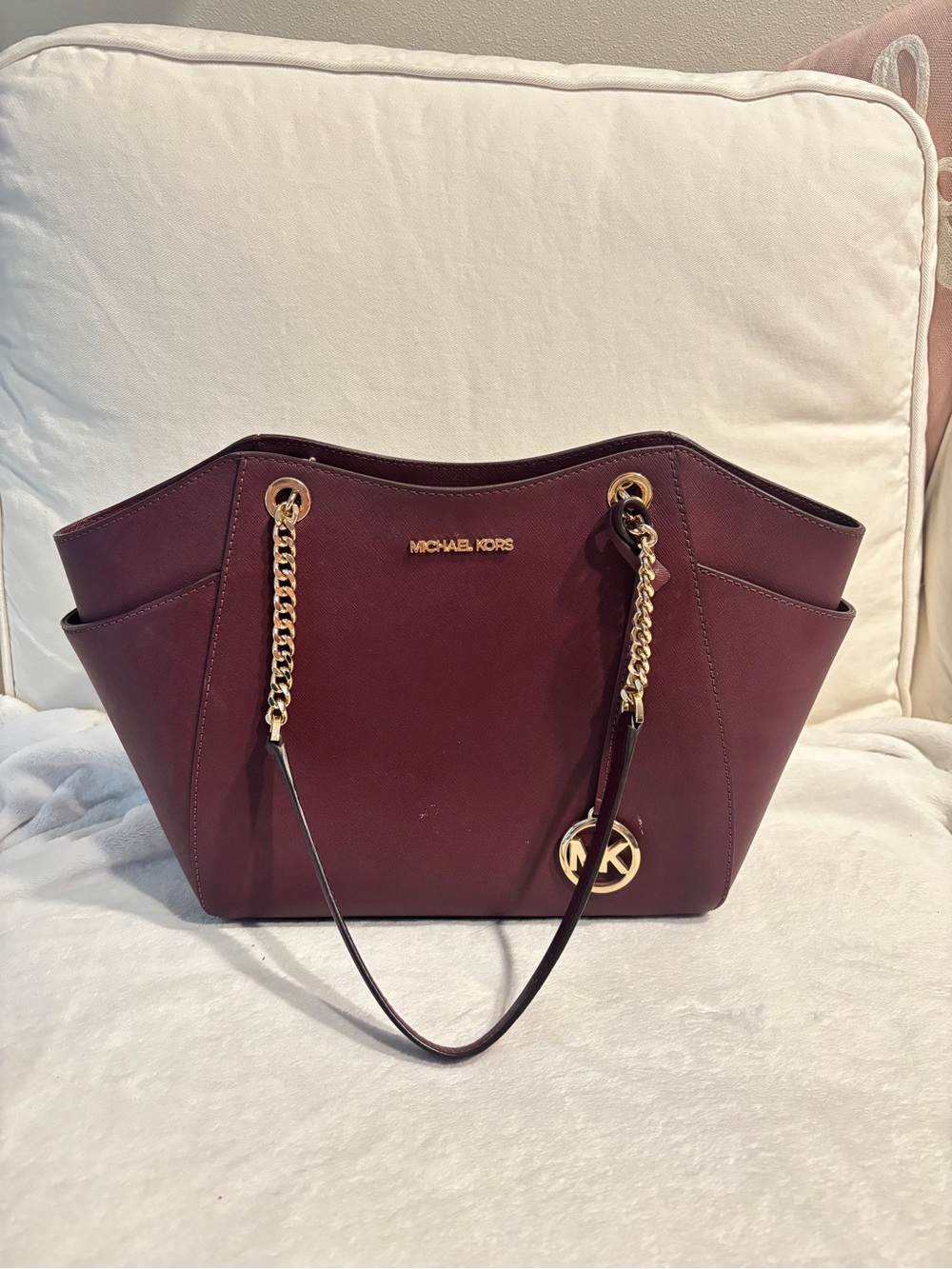 Michael Kors Wine Saffiano Leather Tote with Gold Hardware